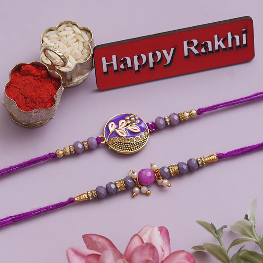 eCraftIndia Set of 2 Purple Floral & Pearl Designer Rakhis with Roli Chawal Pack and Best Bro Ever Fridge Magnet - Rakhi for Brother, Bhaiya, Bhai