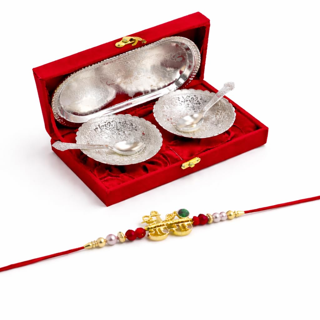 Jaipur Ace Rakhi Gift Hamper for Bhaiya Bhabhi with Silver Plated Bowl Set, Pooja Thali, 2 Designer Rakhis, Roli Chawal, Raksha Bandhan Gift Set for Brother Bhabhi, Premium Rakhi Combo with Red Velvet Box
