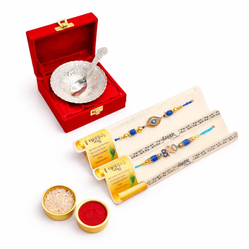 Jaipur Ace Rakhi Gift Hamper for Bhaiya Bhabhi with Silver Plated Bowl Set, Pooja Thali, 2 Designer Rakhis, Roli Chawal, Raksha Bandhan Gift Set for Brother Bhabhi, Premium Rakhi Combo with Red Velvet Box