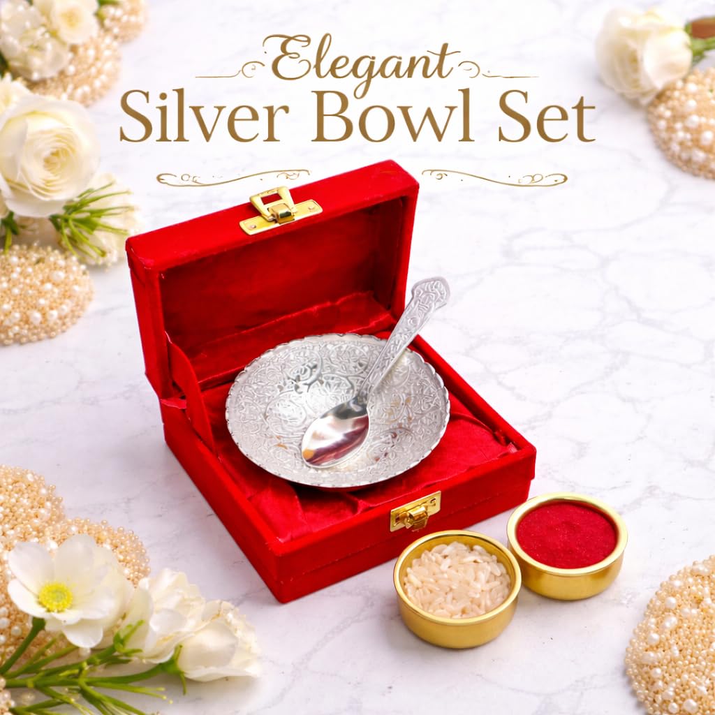 Jaipur Ace Rakhi Gift Hamper for Bhaiya Bhabhi with Silver Plated Bowl Set, Pooja Thali, 2 Designer Rakhis, Roli Chawal, Raksha Bandhan Gift Set for Brother Bhabhi, Premium Rakhi Combo with Red Velvet Box