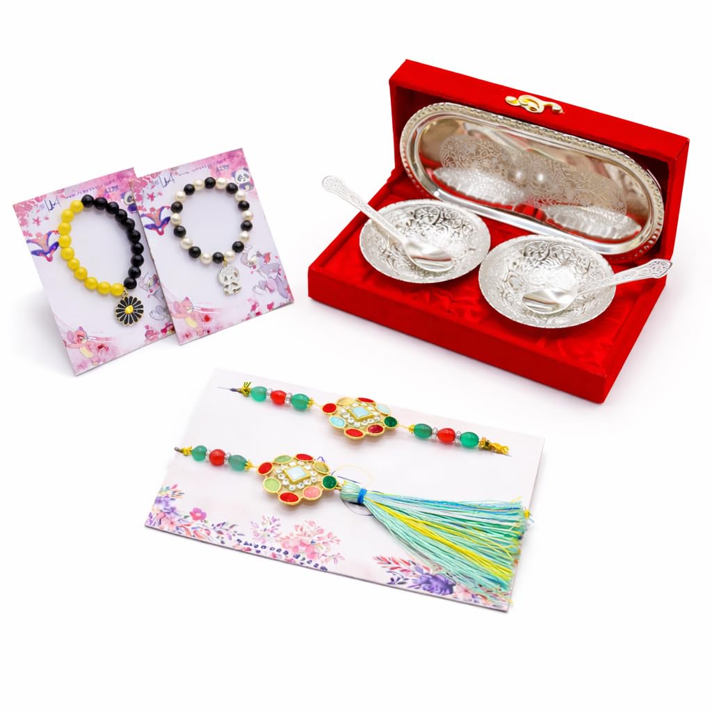 Jaipur Ace Rakhi Gift Hamper for Bhaiya Bhabhi with Silver Plated Bowl Set, Pooja Thali, 2 Designer Rakhis, Roli Chawal, Raksha Bandhan Gift Set for Brother Bhabhi, Premium Rakhi Combo with Red Velvet Box