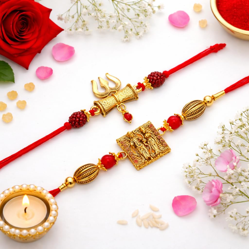Jaipur Ace Rakhi Gift Hamper for Bhaiya Bhabhi with Silver Plated Bowl Set, Pooja Thali, 2 Designer Rakhis, Roli Chawal, Raksha Bandhan Gift Set for Brother Bhabhi, Premium Rakhi Combo with Red Velvet Box