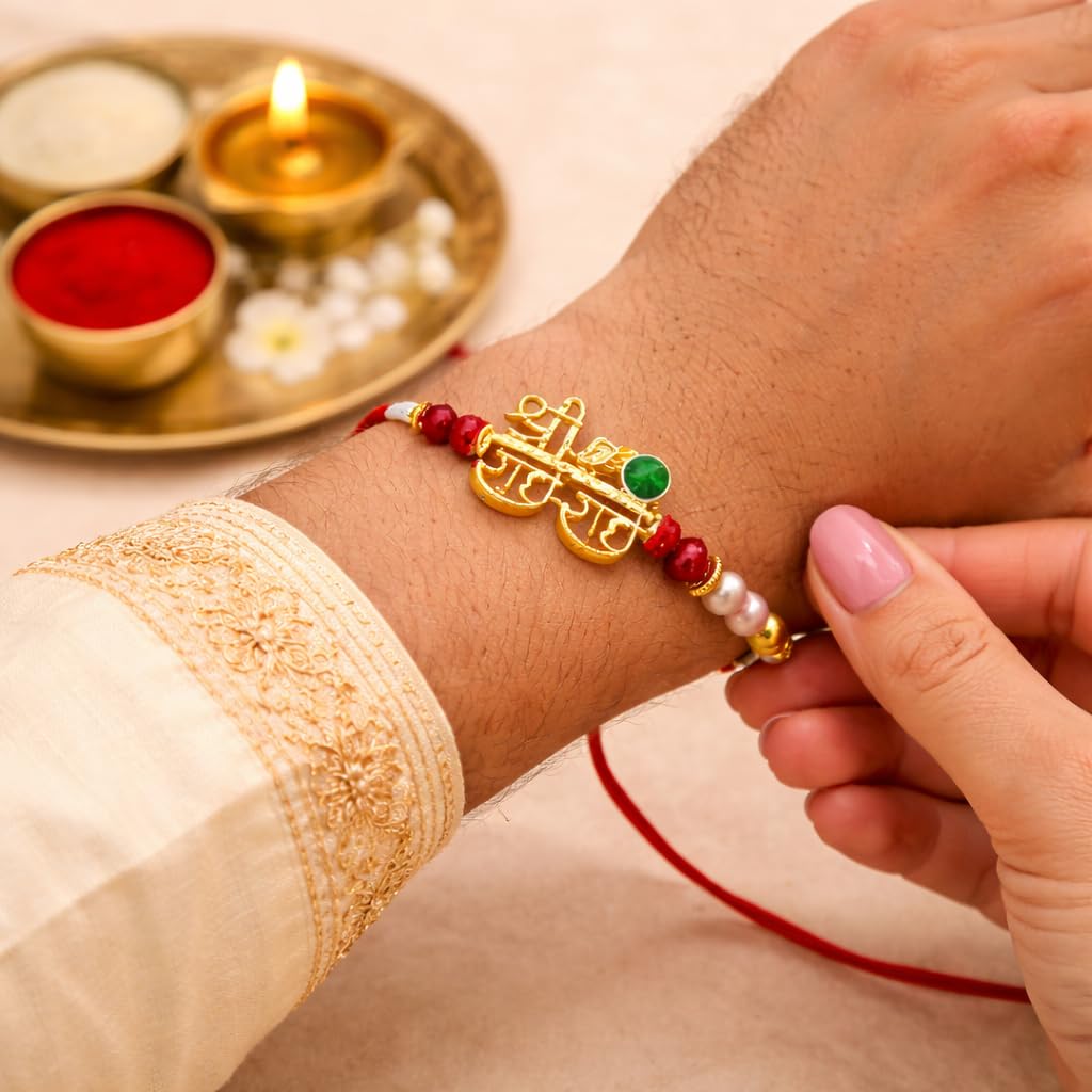 Jaipur Ace Rakhi Gift Hamper for Bhaiya Bhabhi with Silver Plated Bowl Set, Pooja Thali, 2 Designer Rakhis, Roli Chawal, Raksha Bandhan Gift Set for Brother Bhabhi, Premium Rakhi Combo with Red Velvet Box