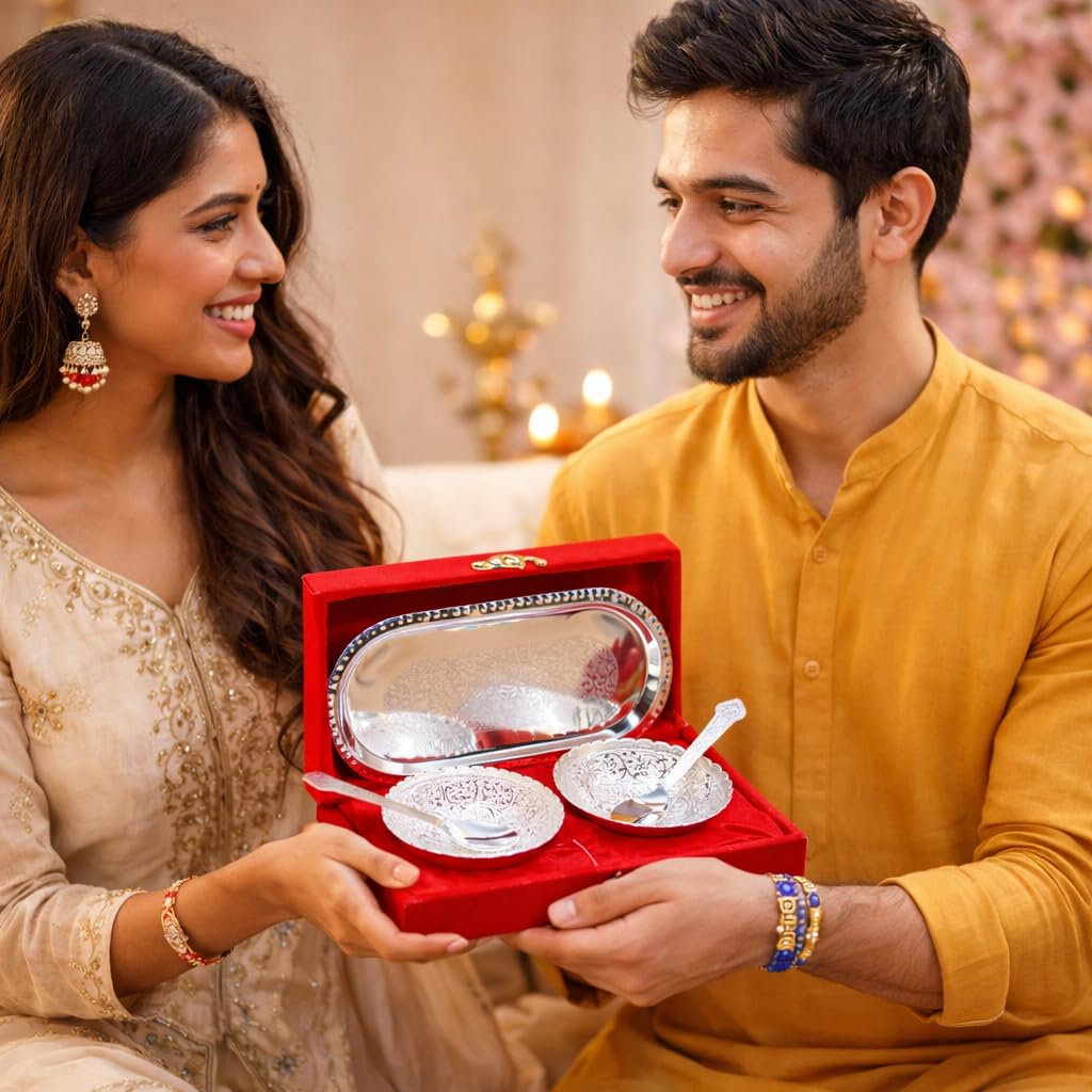 Jaipur Ace Rakhi Gift Hamper for Bhaiya Bhabhi with Silver Plated Bowl Set, Pooja Thali, 2 Designer Rakhis, Roli Chawal, Raksha Bandhan Gift Set for Brother Bhabhi, Premium Rakhi Combo with Red Velvet Box