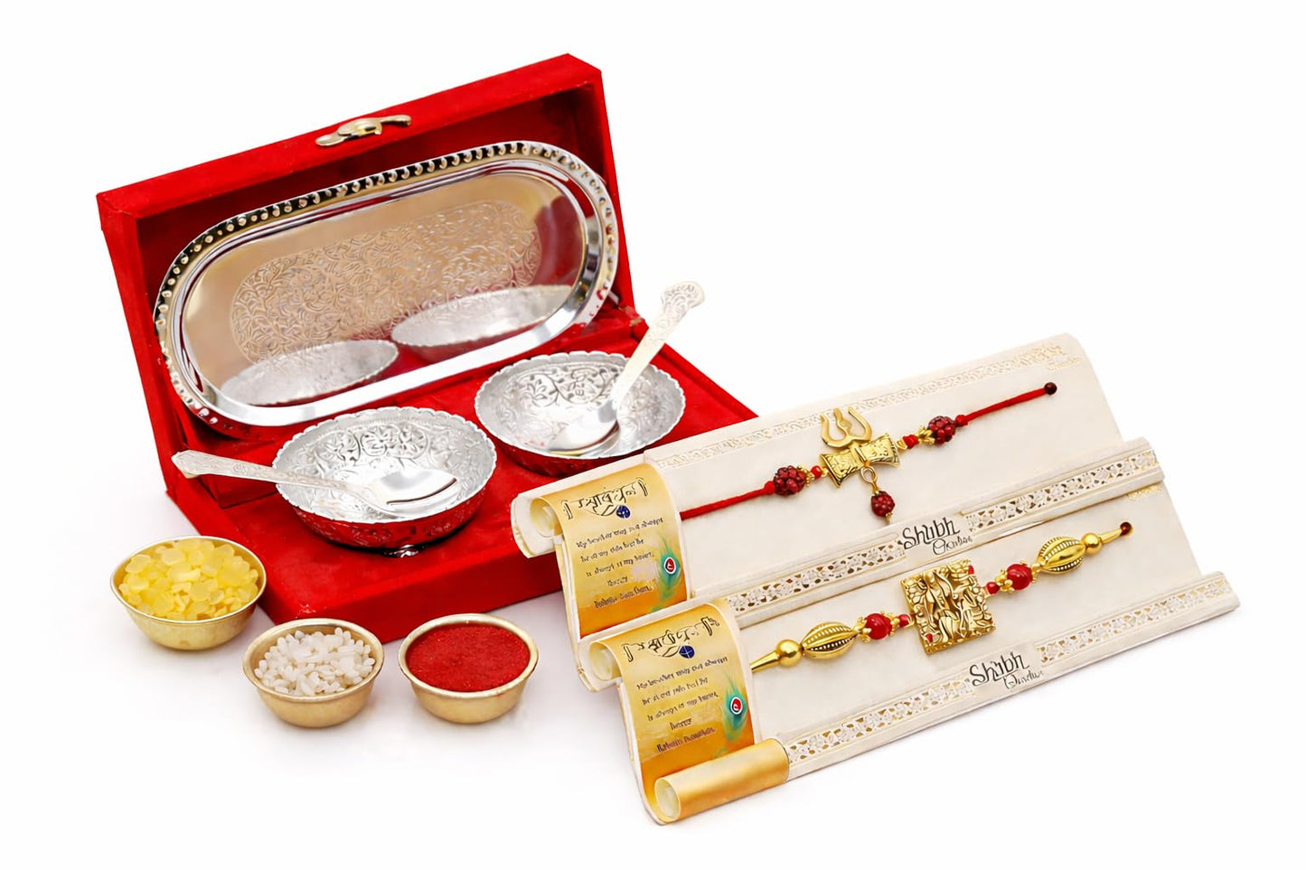 Jaipur Ace Rakhi Gift Hamper for Bhaiya Bhabhi with Silver Plated Bowl Set, Pooja Thali, 2 Designer Rakhis, Roli Chawal, Raksha Bandhan Gift Set for Brother Bhabhi, Premium Rakhi Combo with Red Velvet Box