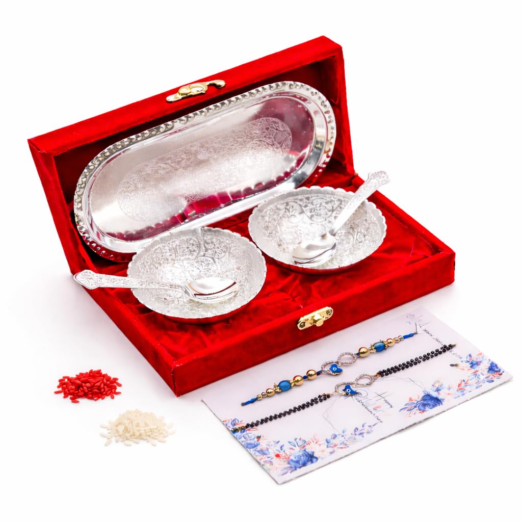 Jaipur Ace Rakhi Gift Hamper for Bhaiya Bhabhi with Silver Plated Bowl Set, Pooja Thali, 2 Designer Rakhis, Roli Chawal, Raksha Bandhan Gift Set for Brother Bhabhi, Premium Rakhi Combo with Red Velvet Box