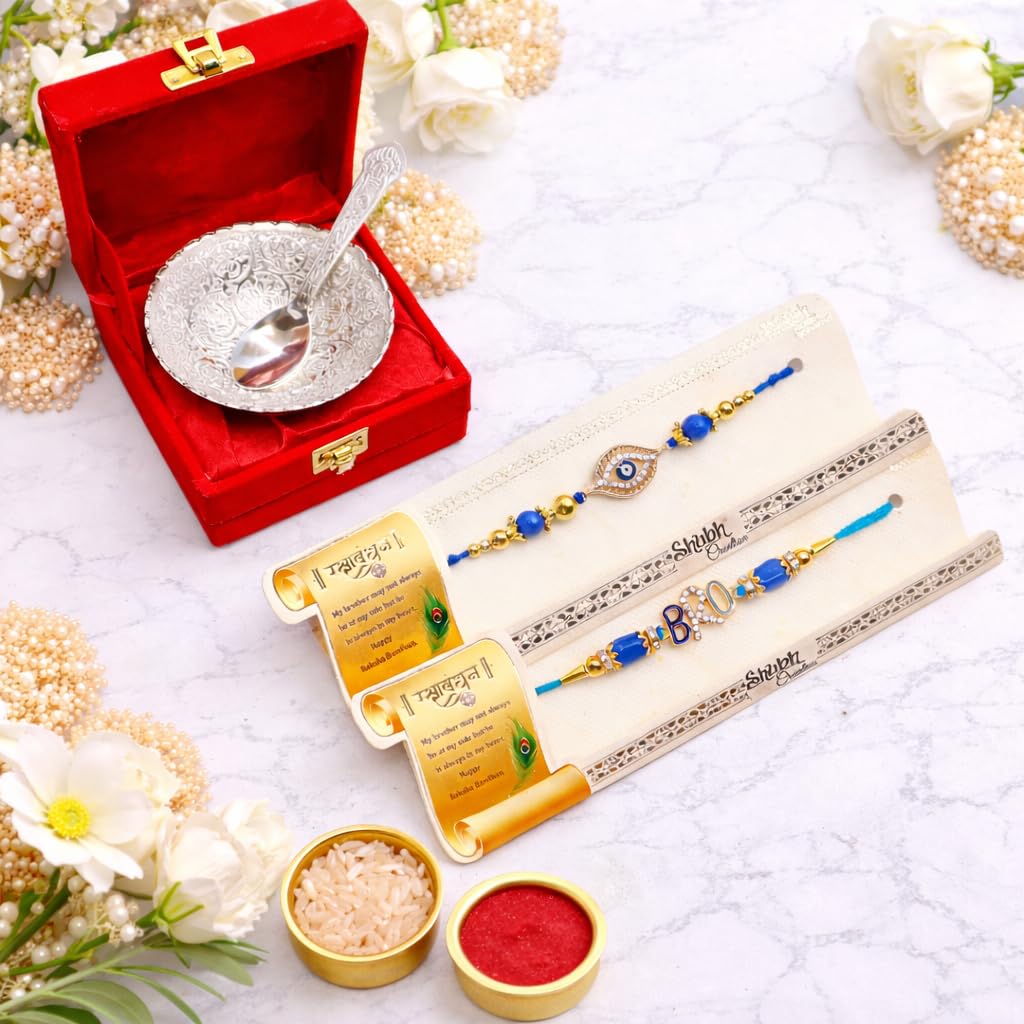 Jaipur Ace Rakhi Gift Hamper for Bhaiya Bhabhi with Silver Plated Bowl Set, Pooja Thali, 2 Designer Rakhis, Roli Chawal, Raksha Bandhan Gift Set for Brother Bhabhi, Premium Rakhi Combo with Red Velvet Box
