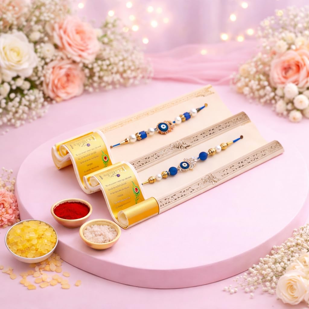 Jaipur Ace Rakhi Gift Hamper for Bhaiya Bhabhi with Silver Plated Bowl Set, Pooja Thali, 2 Designer Rakhis, Roli Chawal, Raksha Bandhan Gift Set for Brother Bhabhi, Premium Rakhi Combo with Red Velvet Box