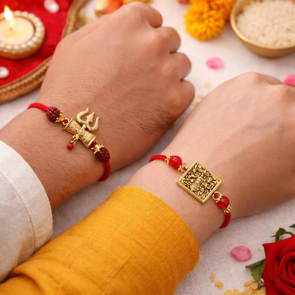 Jaipur Ace Rakhi Gift Hamper for Bhaiya Bhabhi with Silver Plated Bowl Set, Pooja Thali, 2 Designer Rakhis, Roli Chawal, Raksha Bandhan Gift Set for Brother Bhabhi, Premium Rakhi Combo with Red Velvet Box