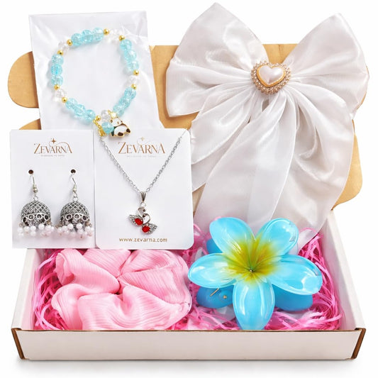 Gift Hamper for Woman & Girls Under 300 | Cute Accessories Gift Set with Earrings, Bracelet, Necklace & Scrunchie | Birthday Gift for Girlfriend, Sister, Teen Girls | Kitty Party Return Gifts | Set of 6 Items | Random Colors and Designs for Surprise