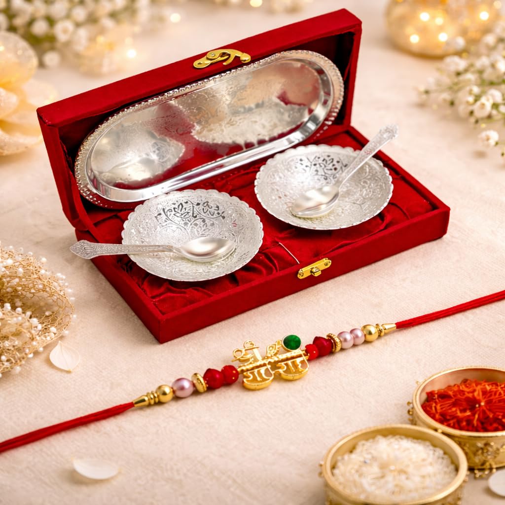 Jaipur Ace Rakhi Gift Hamper for Bhaiya Bhabhi with Silver Plated Bowl Set, Pooja Thali, 2 Designer Rakhis, Roli Chawal, Raksha Bandhan Gift Set for Brother Bhabhi, Premium Rakhi Combo with Red Velvet Box