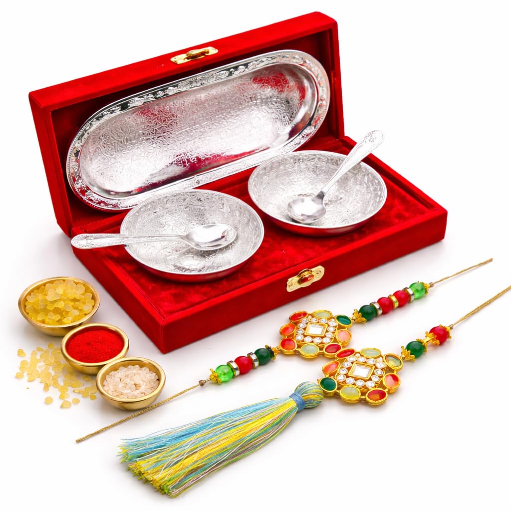 Jaipur Ace Rakhi Gift Hamper for Bhaiya Bhabhi with Silver Plated Bowl Set, Pooja Thali, 2 Designer Rakhis, Roli Chawal, Raksha Bandhan Gift Set for Brother Bhabhi, Premium Rakhi Combo with Red Velvet Box