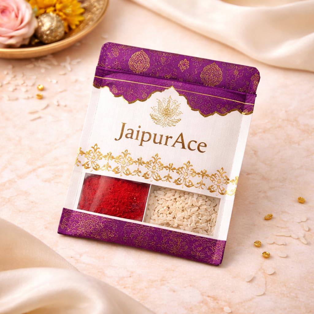 Jaipur Ace Rakhi Gift Hamper for Bhaiya Bhabhi with Silver Plated Bowl Set, Pooja Thali, 2 Designer Rakhis, Roli Chawal, Raksha Bandhan Gift Set for Brother Bhabhi, Premium Rakhi Combo with Red Velvet Box