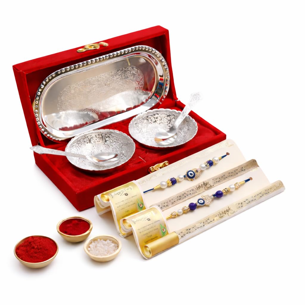 Jaipur Ace Rakhi Gift Hamper for Bhaiya Bhabhi with Silver Plated Bowl Set, Pooja Thali, 2 Designer Rakhis, Roli Chawal, Raksha Bandhan Gift Set for Brother Bhabhi, Premium Rakhi Combo with Red Velvet Box