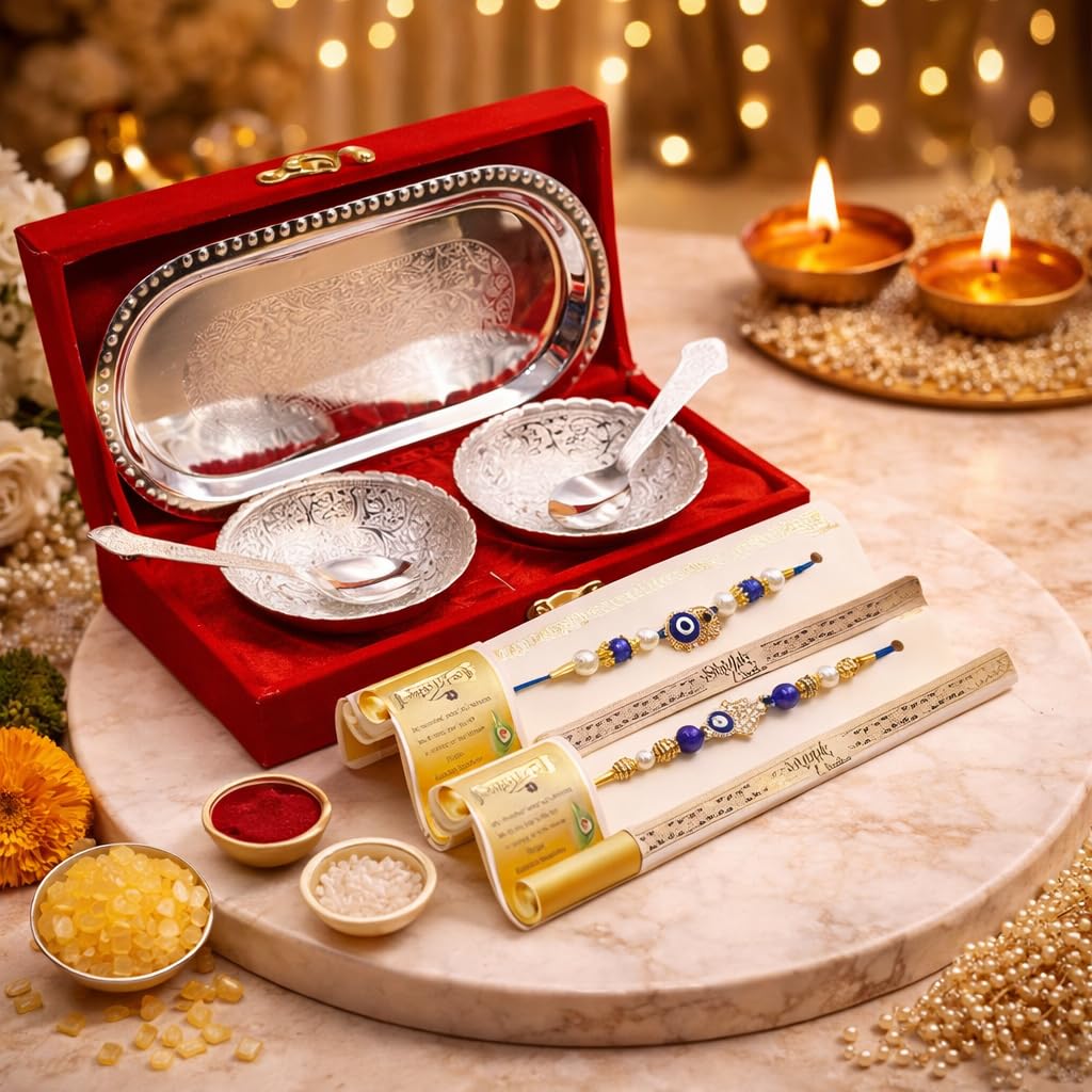 Jaipur Ace Rakhi Gift Hamper for Bhaiya Bhabhi with Silver Plated Bowl Set, Pooja Thali, 2 Designer Rakhis, Roli Chawal, Raksha Bandhan Gift Set for Brother Bhabhi, Premium Rakhi Combo with Red Velvet Box