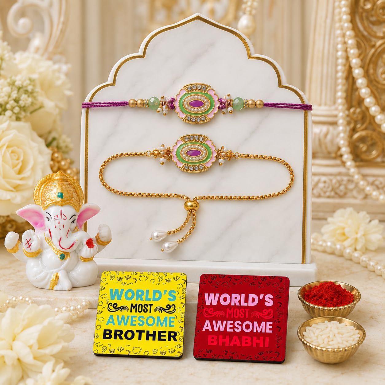 Dreamica Set of 2 Designer Rakhi for Brother | Combo with ‘My Brother Is Awesome’ Fridge Magnet, Tilak Set (Roli-Chawal), and Greeting Card | Best Rakhi Gift For Brother (Rakhi-92)