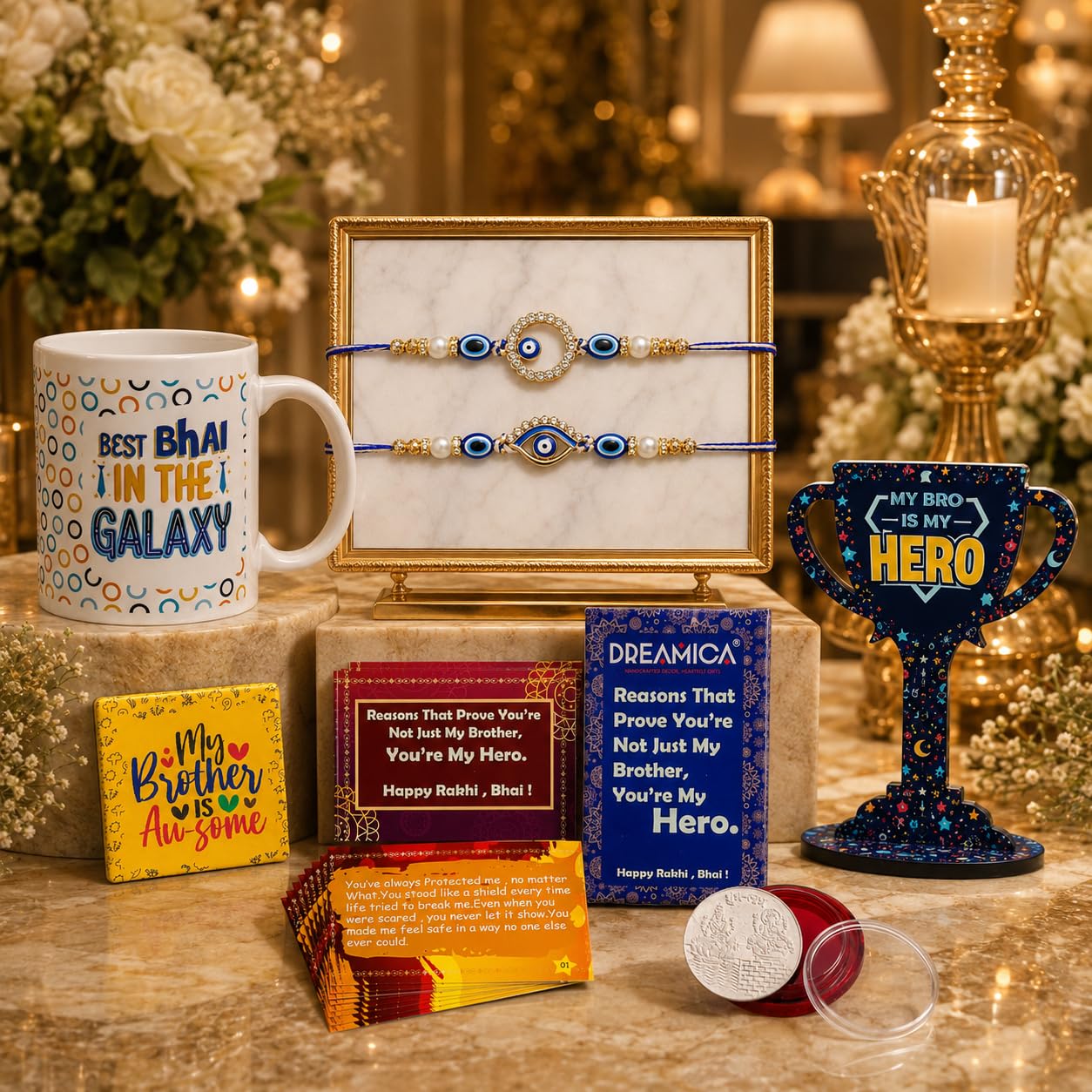 Dreamica Set of 2 Designer Rakhi for Brother | Combo with ‘My Brother Is Awesome’ Fridge Magnet, Tilak Set (Roli-Chawal), and Greeting Card | Best Rakhi Gift For Brother (Rakhi-92)