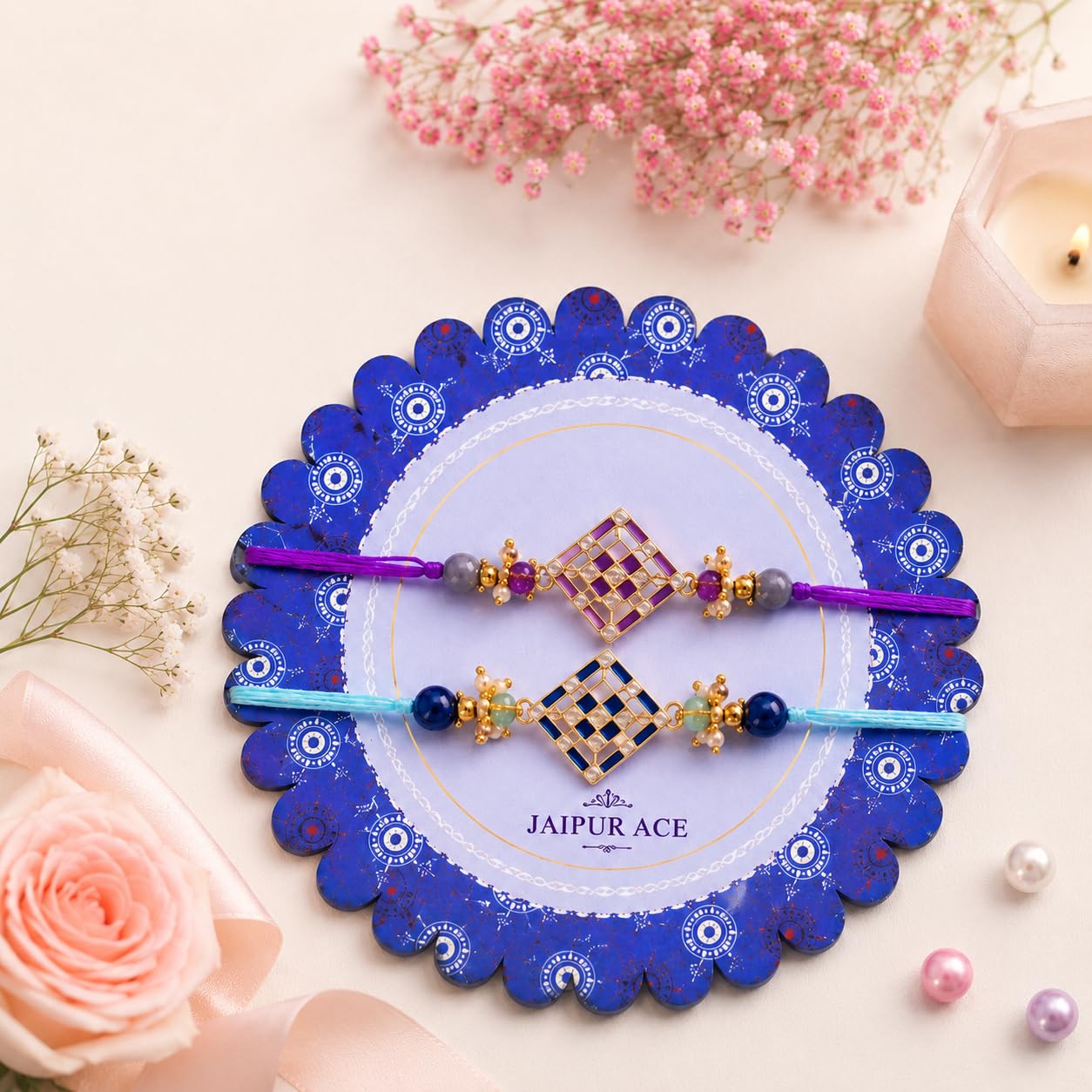 Jaipur Ace Rakhi Gift Hamper for Bhaiya Bhabhi with Silver Plated Bowl Set, Pooja Thali, 2 Designer Rakhis, Roli Chawal, Raksha Bandhan Gift Set for Brother Bhabhi, Premium Rakhi Combo with Red Velvet Box
