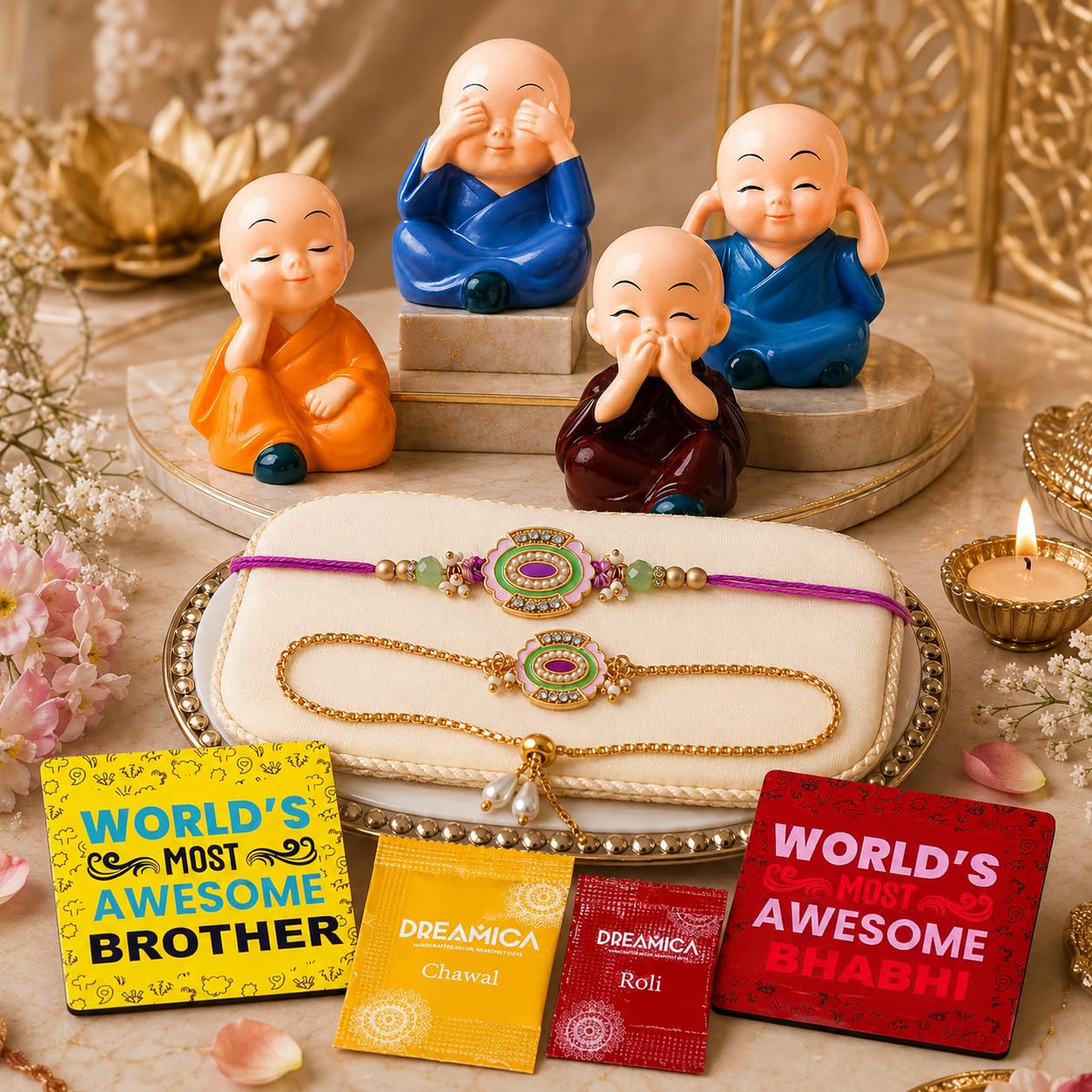 Dreamica Set of 2 Designer Rakhi for Brother | Combo with ‘My Brother Is Awesome’ Fridge Magnet, Tilak Set (Roli-Chawal), and Greeting Card | Best Rakhi Gift For Brother (Rakhi-92)