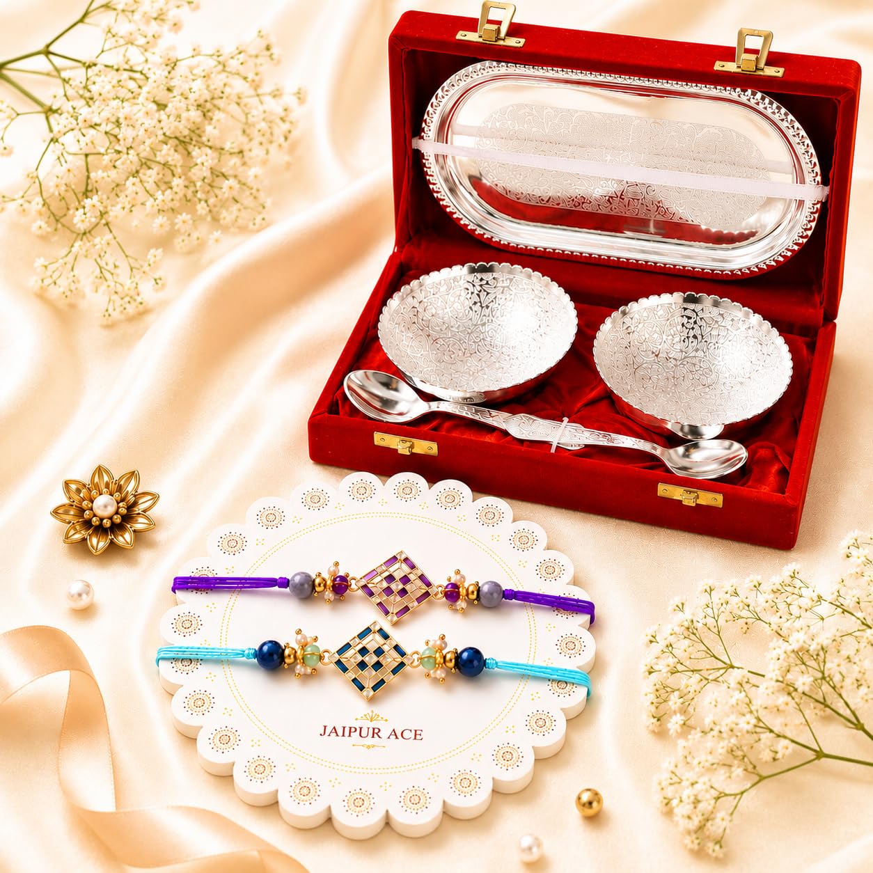 Jaipur Ace Rakhi Gift Hamper for Bhaiya Bhabhi with Silver Plated Bowl Set, Pooja Thali, 2 Designer Rakhis, Roli Chawal, Raksha Bandhan Gift Set for Brother Bhabhi, Premium Rakhi Combo with Red Velvet Box