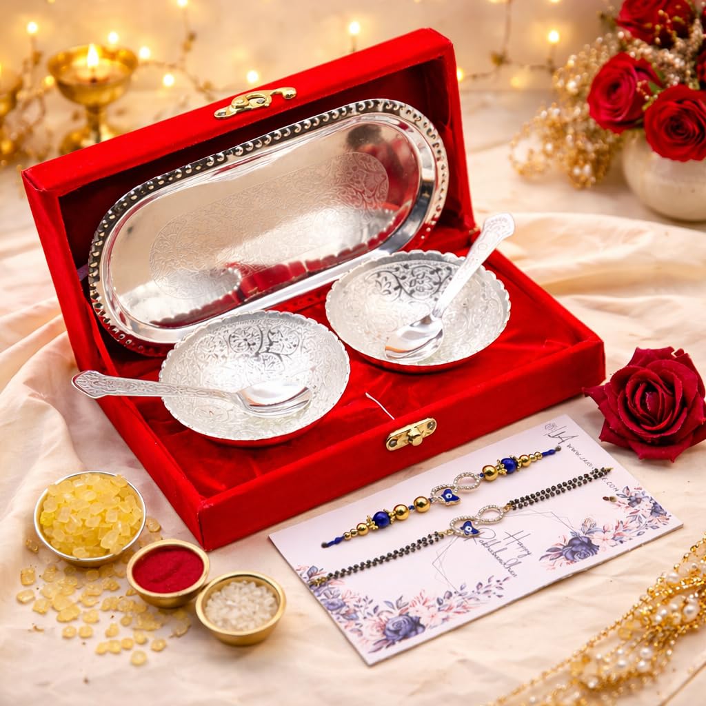 Jaipur Ace Rakhi Gift Hamper for Bhaiya Bhabhi with Silver Plated Bowl Set, Pooja Thali, 2 Designer Rakhis, Roli Chawal, Raksha Bandhan Gift Set for Brother Bhabhi, Premium Rakhi Combo with Red Velvet Box