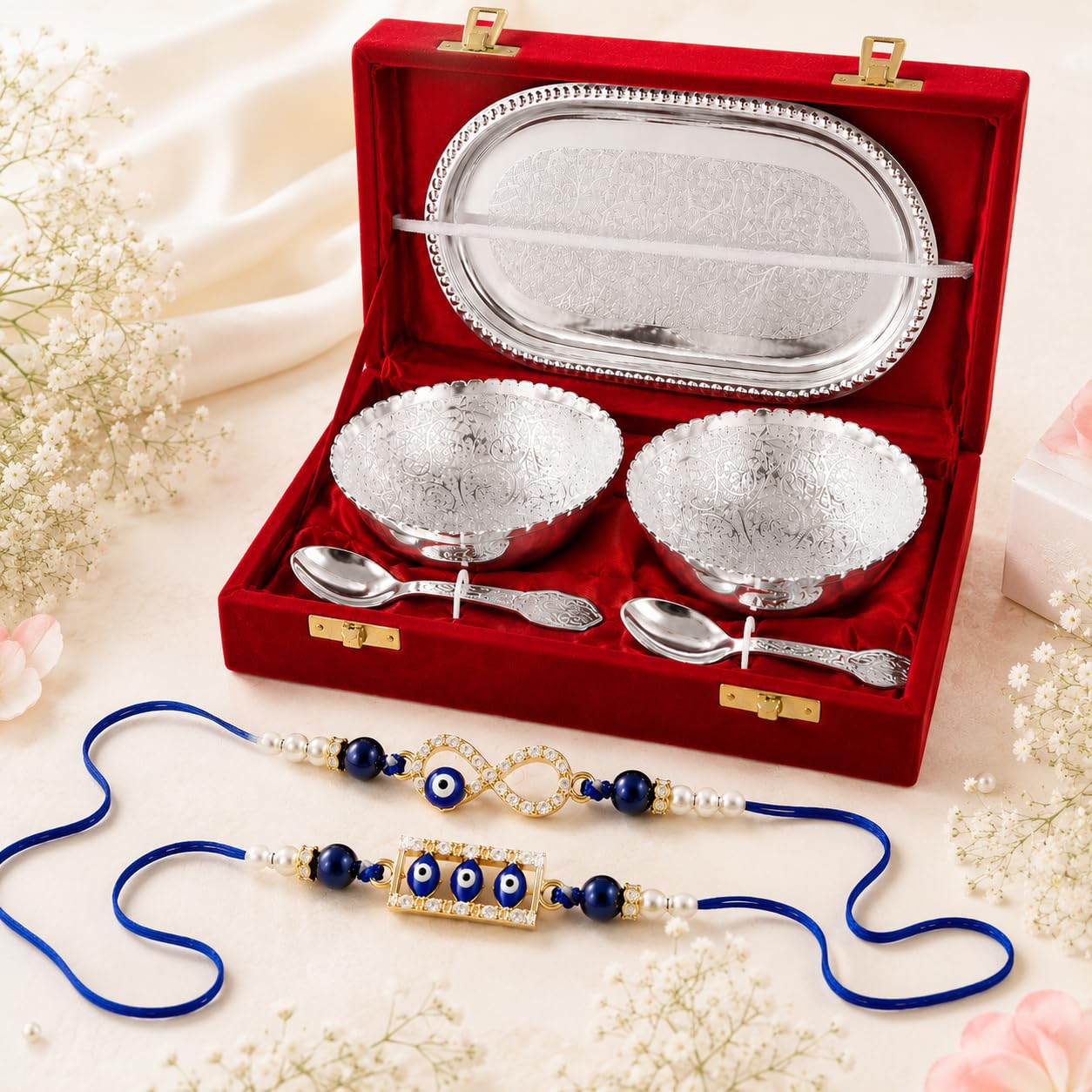 Jaipur Ace Rakhi Gift Hamper for Bhaiya Bhabhi with Silver Plated Bowl Set, Pooja Thali, 2 Designer Rakhis, Roli Chawal, Raksha Bandhan Gift Set for Brother Bhabhi, Premium Rakhi Combo with Red Velvet Box