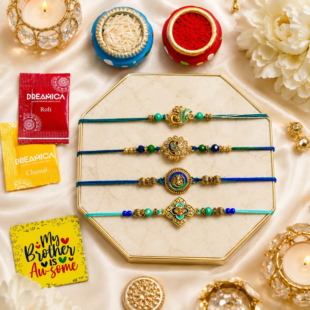 Dreamica Set of 2 Designer Rakhi for Brother | Combo with ‘My Brother Is Awesome’ Fridge Magnet, Tilak Set (Roli-Chawal), and Greeting Card | Best Rakhi Gift For Brother (Rakhi-92)