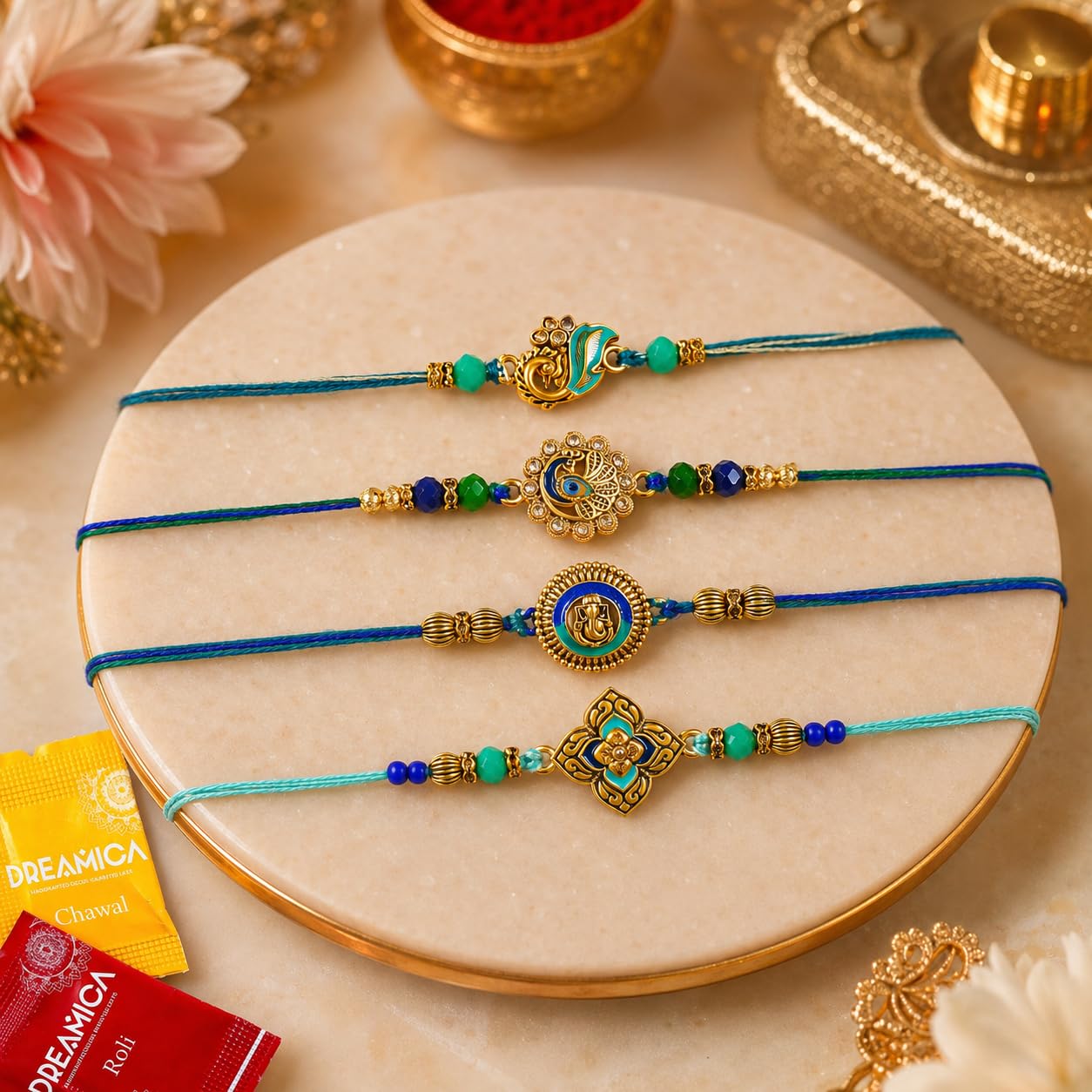 Dreamica Set of 2 Designer Rakhi for Brother | Combo with ‘My Brother Is Awesome’ Fridge Magnet, Tilak Set (Roli-Chawal), and Greeting Card | Best Rakhi Gift For Brother (Rakhi-92)