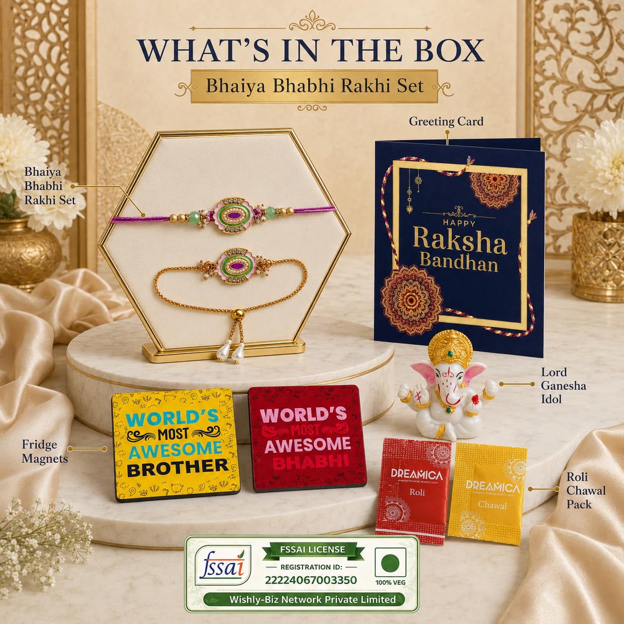 Dreamica Set of 2 Designer Rakhi for Brother | Combo with ‘My Brother Is Awesome’ Fridge Magnet, Tilak Set (Roli-Chawal), and Greeting Card | Best Rakhi Gift For Brother (Rakhi-92)