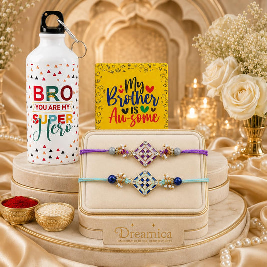 Dreamica Set of 2 Designer Rakhi for Brother | Combo with ‘My Brother Is Awesome’ Fridge Magnet, Tilak Set (Roli-Chawal), and Greeting Card | Best Rakhi Gift For Brother (Rakhi-92)