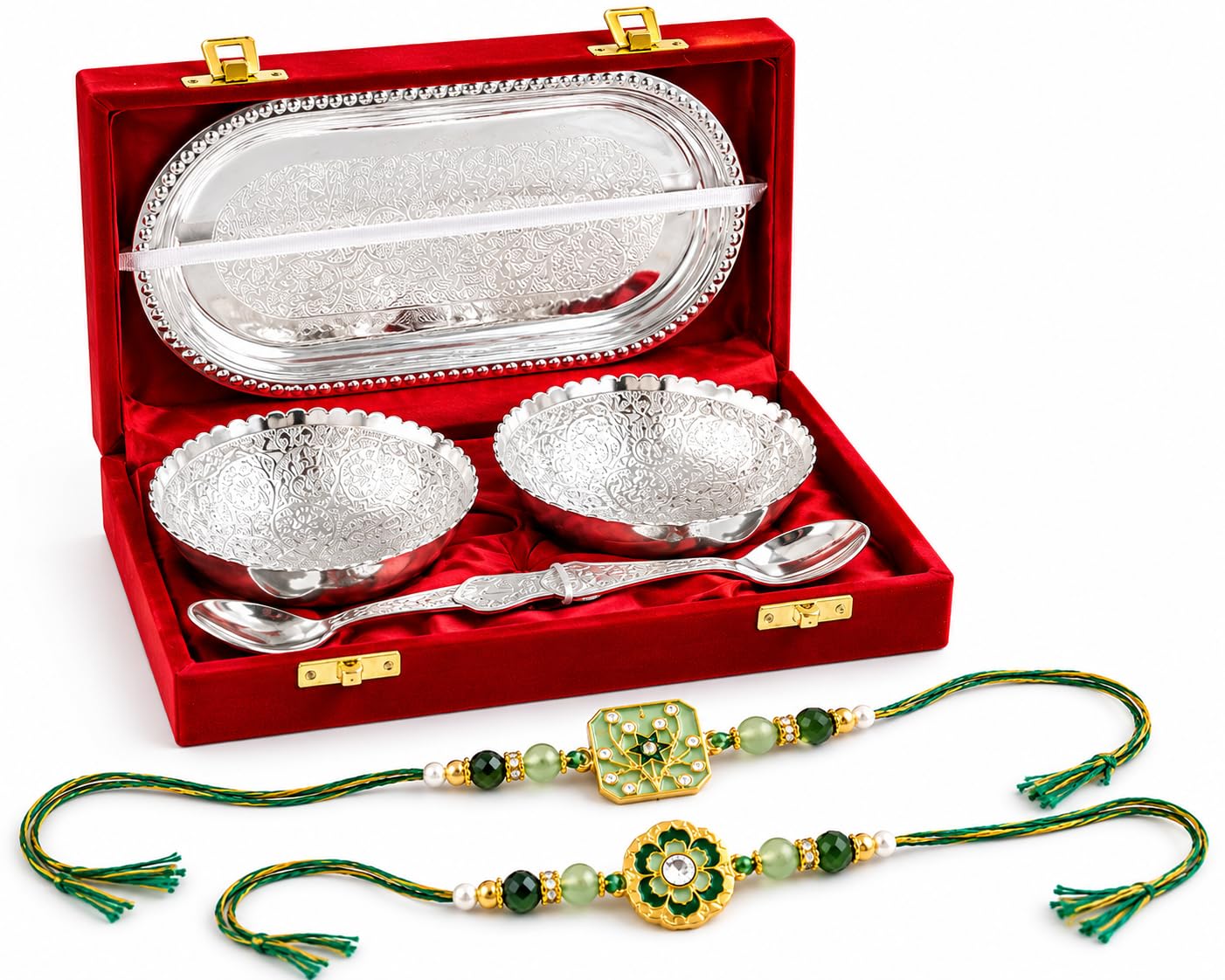Jaipur Ace Rakhi Gift Hamper for Bhaiya Bhabhi with Silver Plated Bowl Set, Pooja Thali, 2 Designer Rakhis, Roli Chawal, Raksha Bandhan Gift Set for Brother Bhabhi, Premium Rakhi Combo with Red Velvet Box