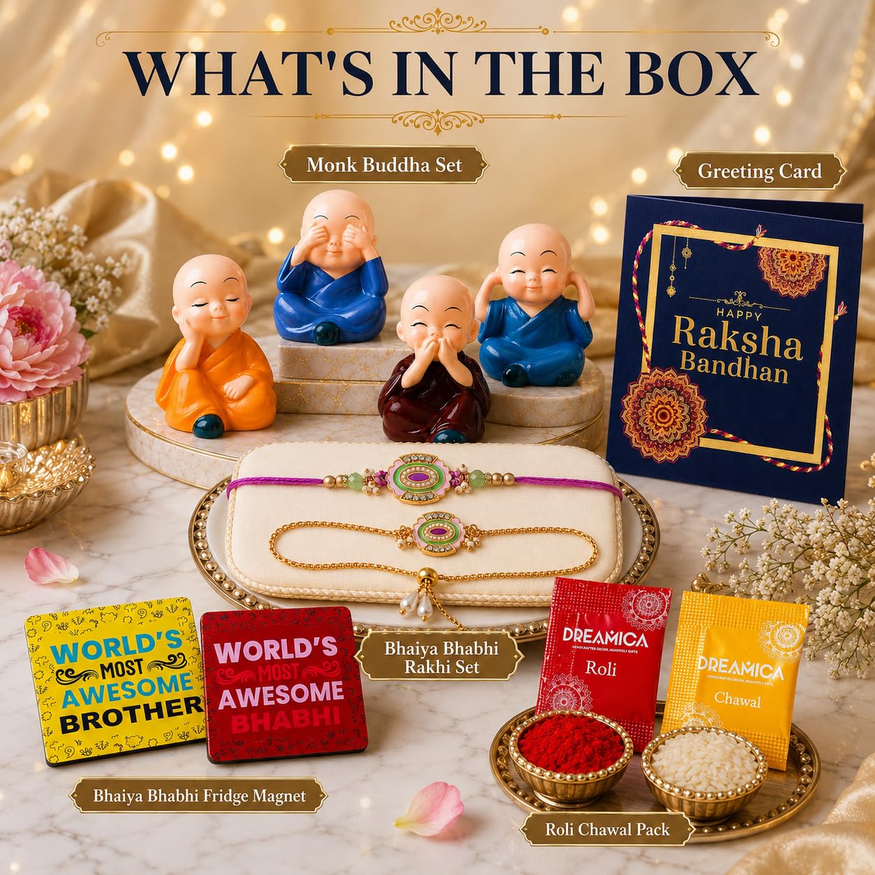 Dreamica Set of 2 Designer Rakhi for Brother | Combo with ‘My Brother Is Awesome’ Fridge Magnet, Tilak Set (Roli-Chawal), and Greeting Card | Best Rakhi Gift For Brother (Rakhi-92)