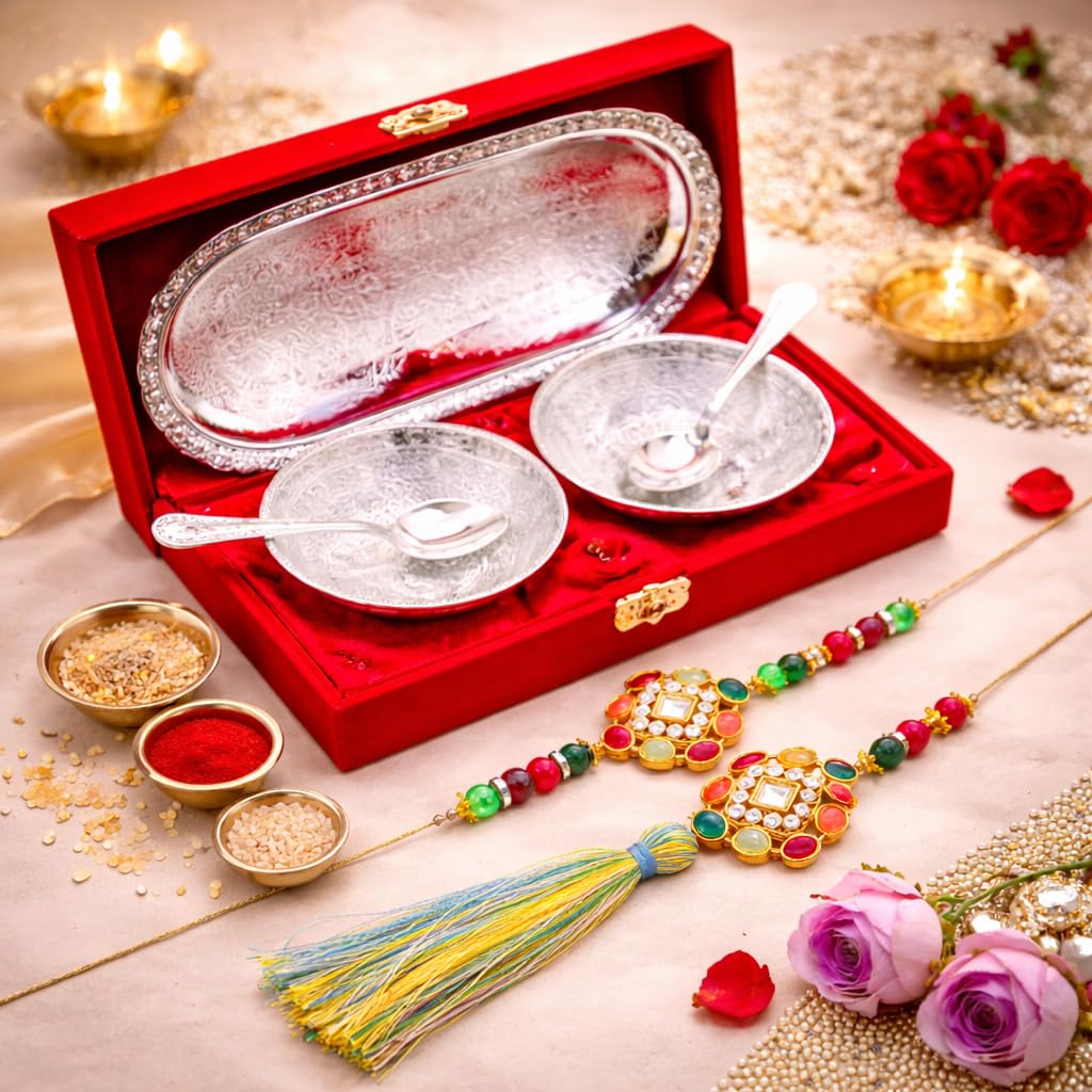 Jaipur Ace Rakhi Gift Hamper for Bhaiya Bhabhi with Silver Plated Bowl Set, Pooja Thali, 2 Designer Rakhis, Roli Chawal, Raksha Bandhan Gift Set for Brother Bhabhi, Premium Rakhi Combo with Red Velvet Box