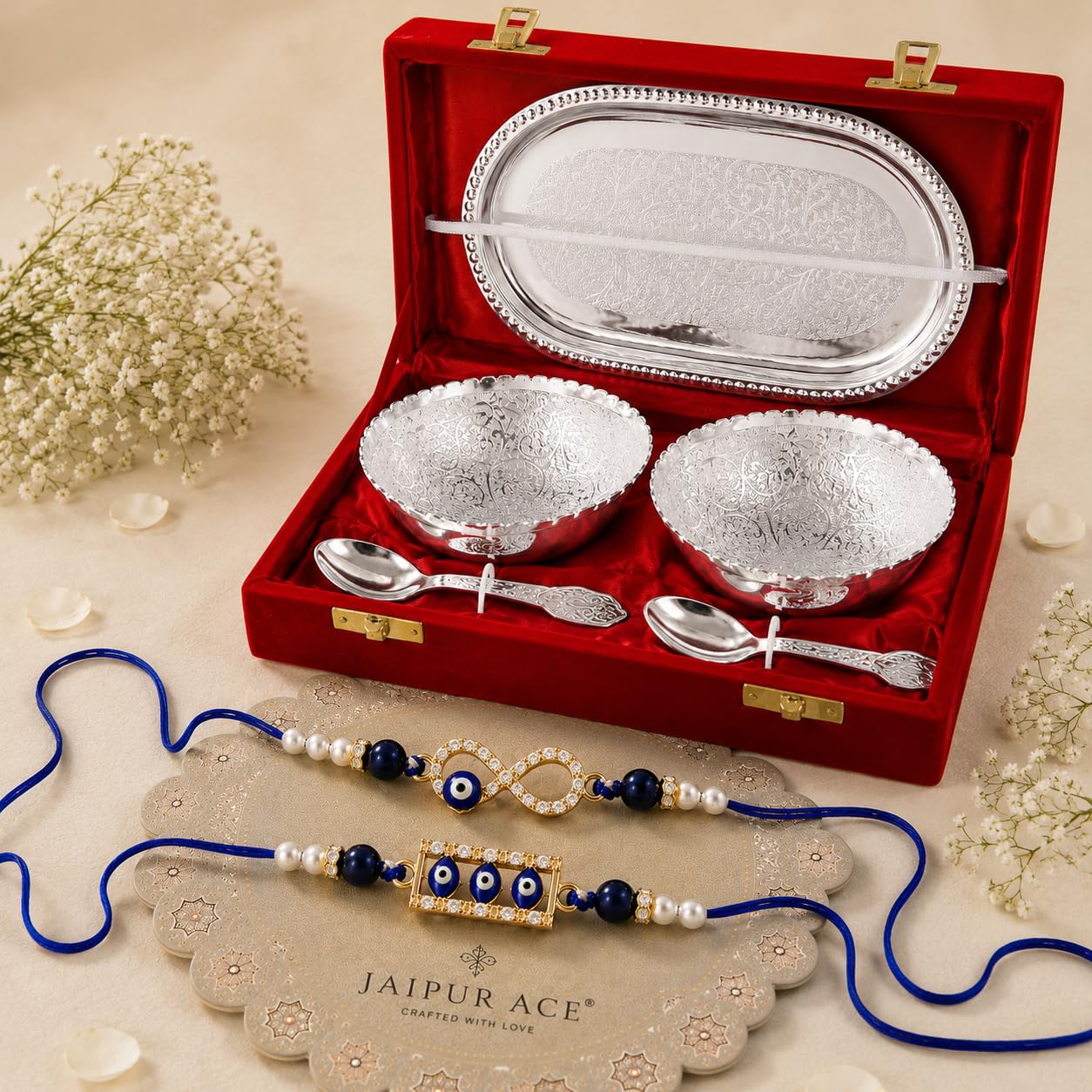 Jaipur Ace Rakhi Gift Hamper for Bhaiya Bhabhi with Silver Plated Bowl Set, Pooja Thali, 2 Designer Rakhis, Roli Chawal, Raksha Bandhan Gift Set for Brother Bhabhi, Premium Rakhi Combo with Red Velvet Box