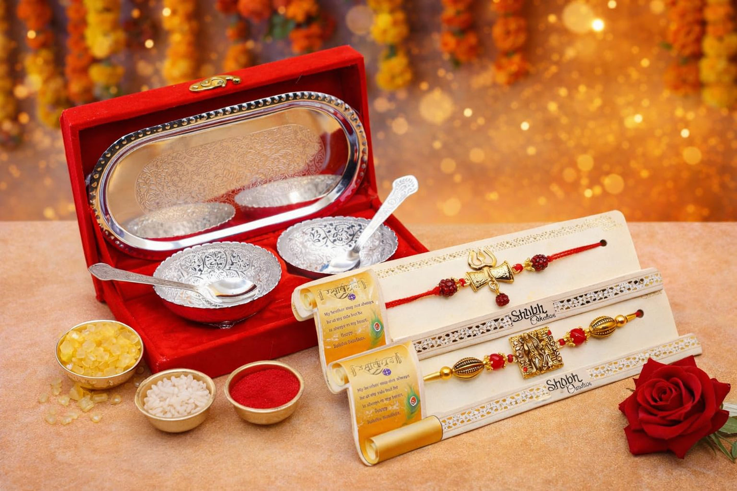 Jaipur Ace Rakhi Gift Hamper for Bhaiya Bhabhi with Silver Plated Bowl Set, Pooja Thali, 2 Designer Rakhis, Roli Chawal, Raksha Bandhan Gift Set for Brother Bhabhi, Premium Rakhi Combo with Red Velvet Box
