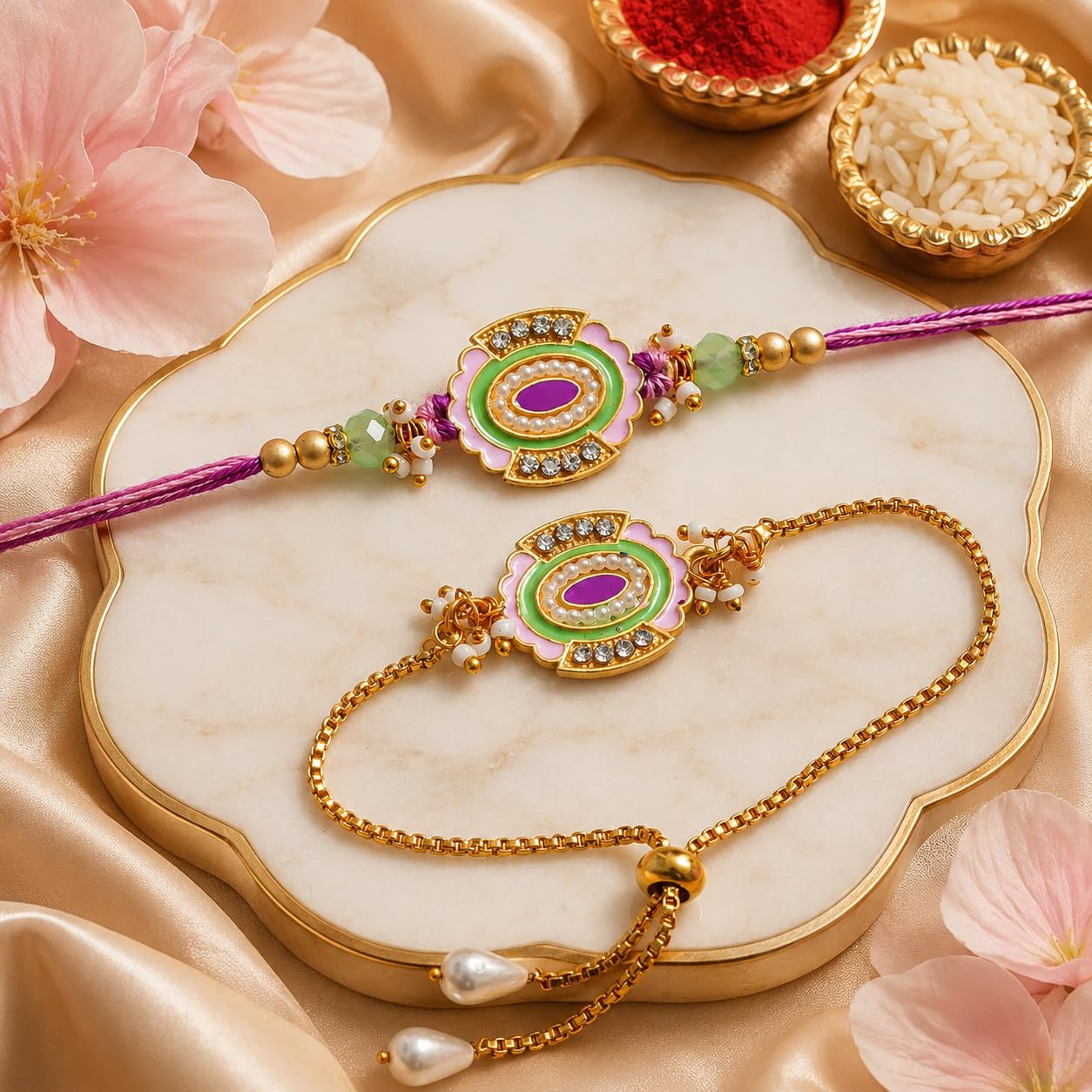 Dreamica Set of 2 Designer Rakhi for Brother | Combo with ‘My Brother Is Awesome’ Fridge Magnet, Tilak Set (Roli-Chawal), and Greeting Card | Best Rakhi Gift For Brother (Rakhi-92)