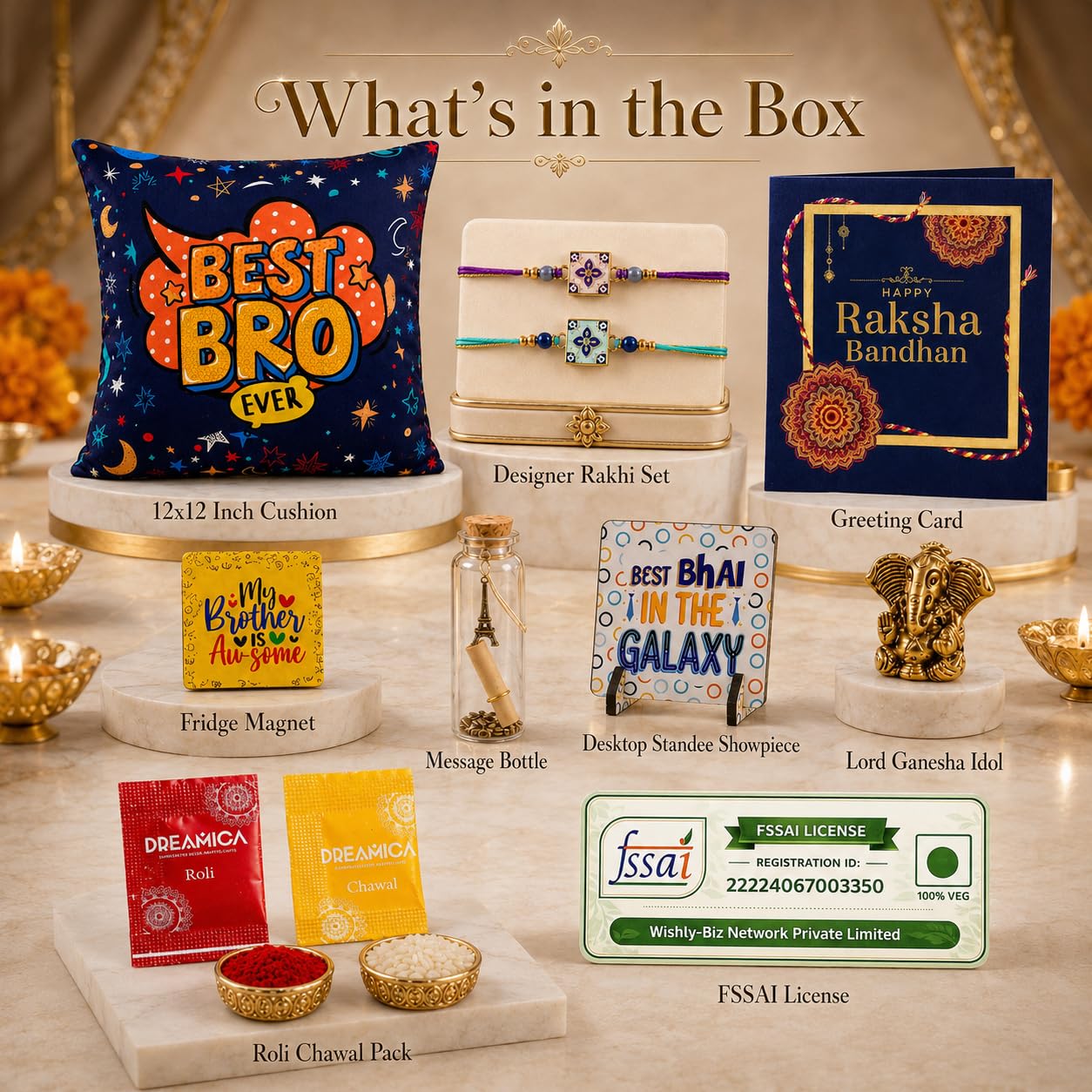 Dreamica Set of 2 Designer Rakhi for Brother | Combo with ‘My Brother Is Awesome’ Fridge Magnet, Tilak Set (Roli-Chawal), and Greeting Card | Best Rakhi Gift For Brother (Rakhi-92)