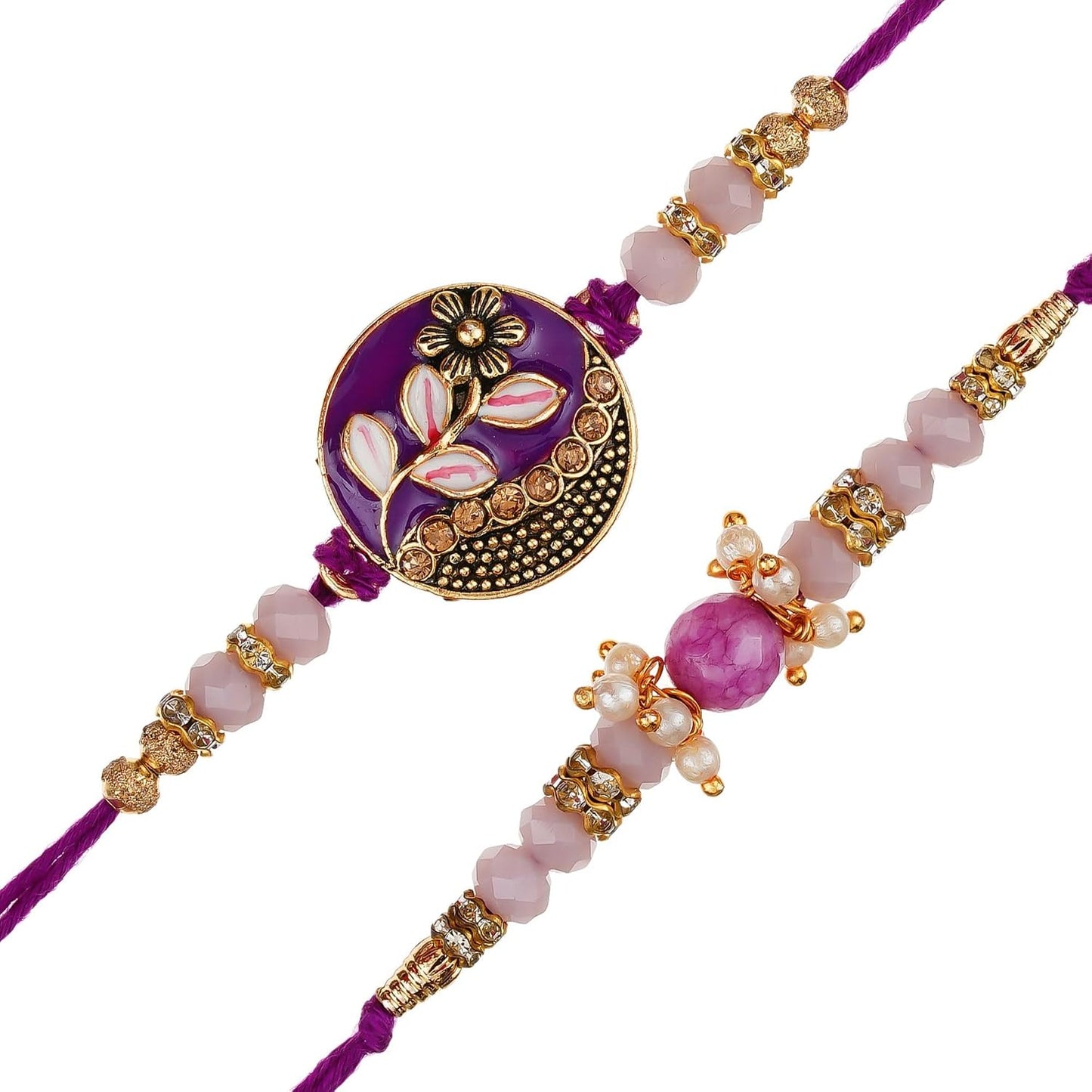 eCraftIndia Set of 2 Purple Floral & Pearl Designer Rakhis with Roli Chawal Pack and Best Bro Ever Fridge Magnet - Rakhi for Brother, Bhaiya, Bhai