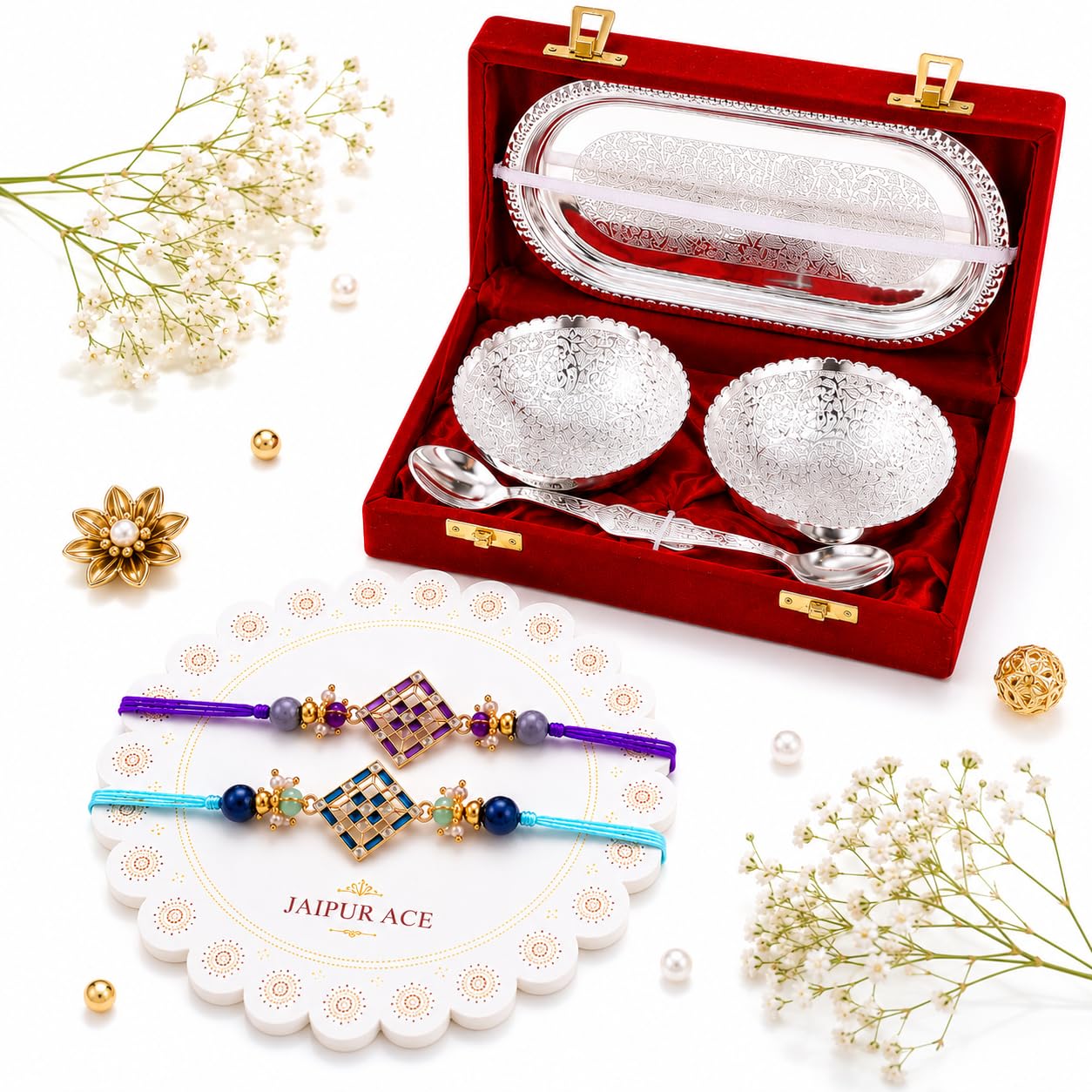 Jaipur Ace Rakhi Gift Hamper for Bhaiya Bhabhi with Silver Plated Bowl Set, Pooja Thali, 2 Designer Rakhis, Roli Chawal, Raksha Bandhan Gift Set for Brother Bhabhi, Premium Rakhi Combo with Red Velvet Box