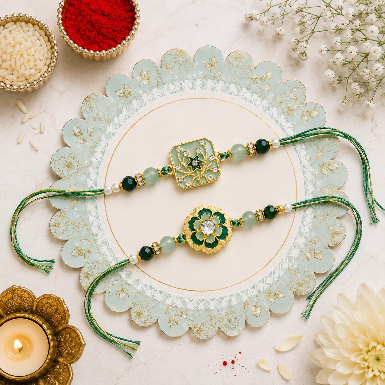 Jaipur Ace Rakhi Gift Hamper for Bhaiya Bhabhi with Silver Plated Bowl Set, Pooja Thali, 2 Designer Rakhis, Roli Chawal, Raksha Bandhan Gift Set for Brother Bhabhi, Premium Rakhi Combo with Red Velvet Box
