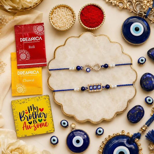 Dreamica Set of 2 Designer Rakhi for Brother | Combo with ‘My Brother Is Awesome’ Fridge Magnet, Tilak Set (Roli-Chawal), and Greeting Card | Best Rakhi Gift For Brother (Rakhi-92)