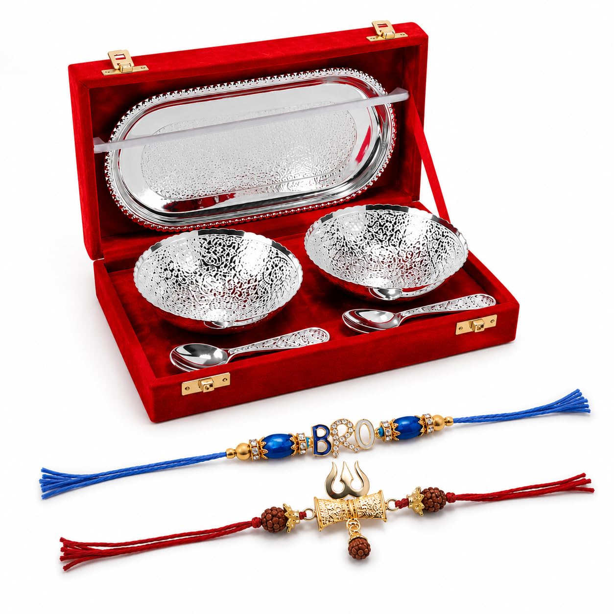 Jaipur Ace Rakhi Gift Hamper for Bhaiya Bhabhi with Silver Plated Bowl Set, Pooja Thali, 2 Designer Rakhis, Roli Chawal, Raksha Bandhan Gift Set for Brother Bhabhi, Premium Rakhi Combo with Red Velvet Box