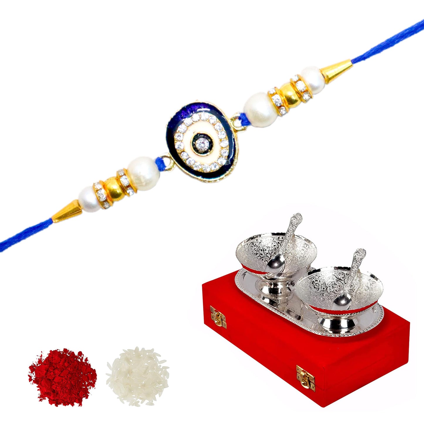 Jaipur Ace Rakhi Gift Hamper for Bhaiya Bhabhi with Silver Plated Bowl Set, Pooja Thali, 2 Designer Rakhis, Roli Chawal, Raksha Bandhan Gift Set for Brother Bhabhi, Premium Rakhi Combo with Red Velvet Box