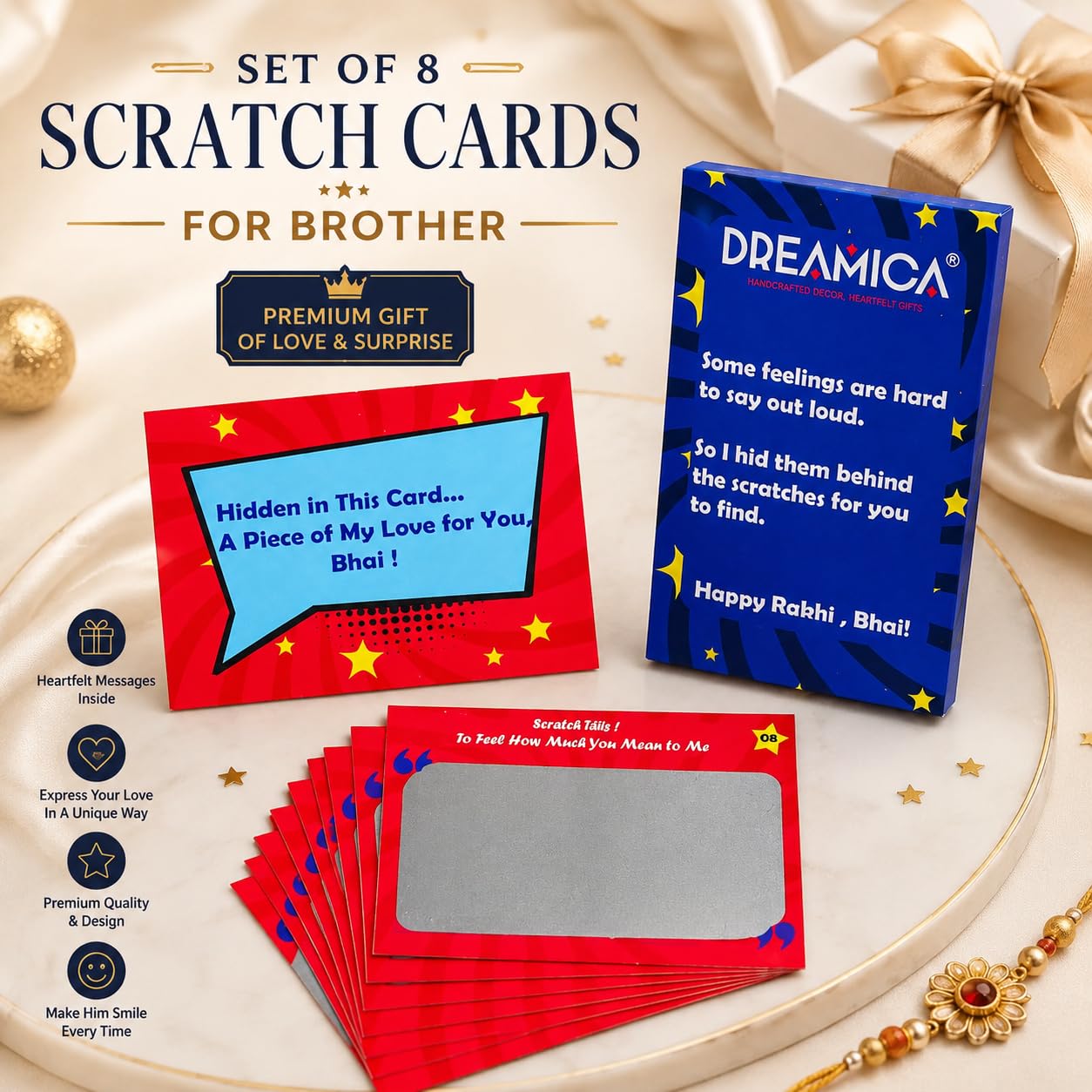 Dreamica Set of 2 Designer Rakhi for Brother | Combo with ‘My Brother Is Awesome’ Fridge Magnet, Tilak Set (Roli-Chawal), and Greeting Card | Best Rakhi Gift For Brother (Rakhi-92)