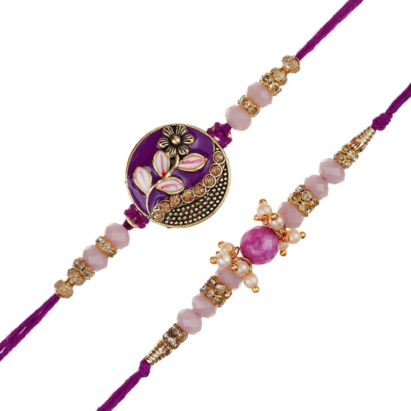 eCraftIndia Set of 2 Purple Floral & Pearl Designer Rakhis with Roli Chawal Pack and Best Bro Ever Fridge Magnet - Rakhi for Brother, Bhaiya, Bhai
