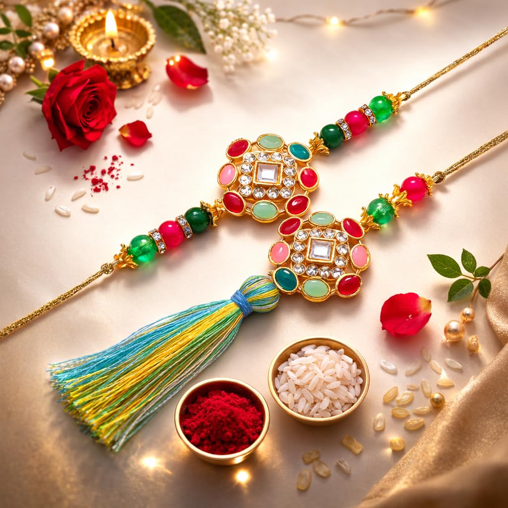 Jaipur Ace Rakhi Gift Hamper for Bhaiya Bhabhi with Silver Plated Bowl Set, Pooja Thali, 2 Designer Rakhis, Roli Chawal, Raksha Bandhan Gift Set for Brother Bhabhi, Premium Rakhi Combo with Red Velvet Box