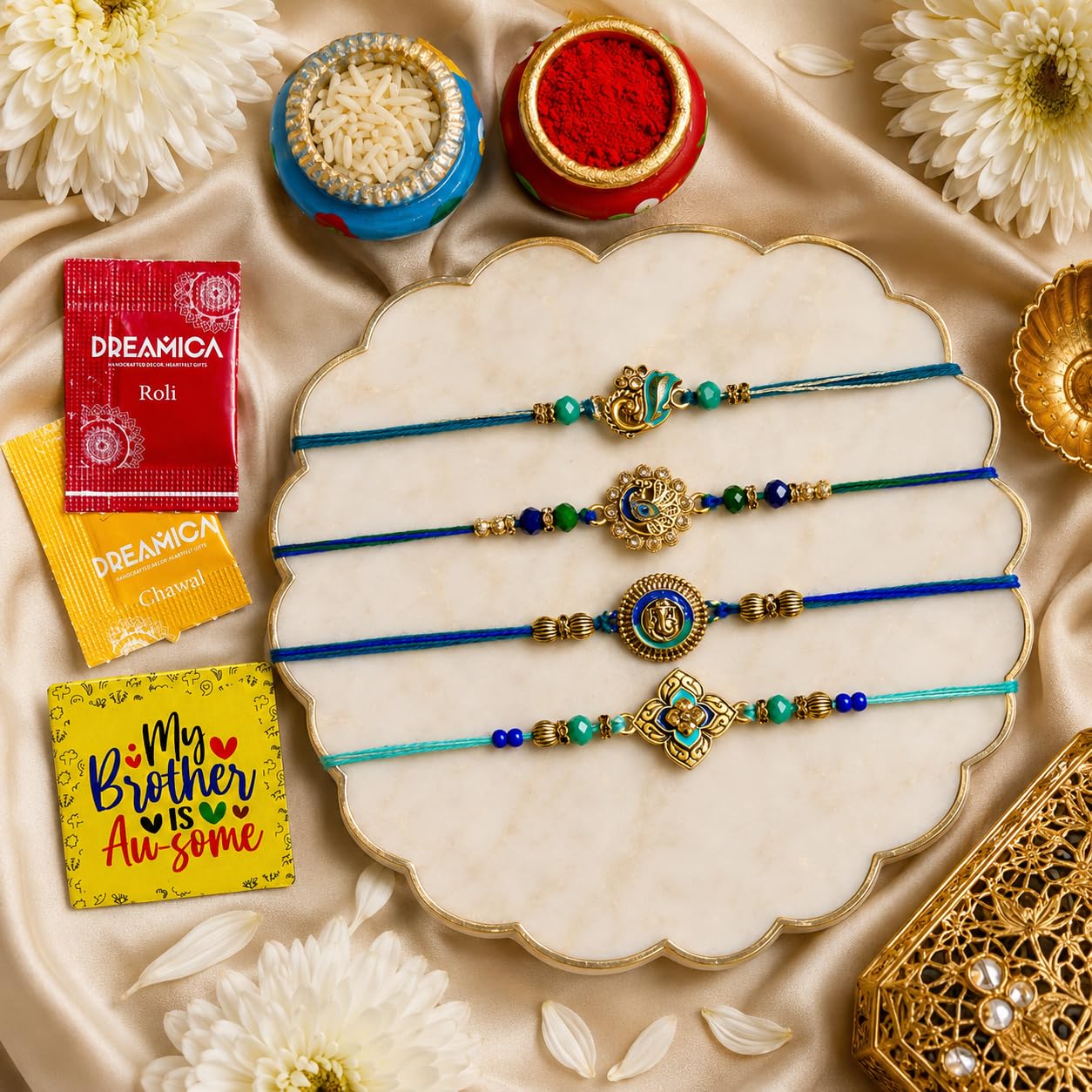 Dreamica Set of 2 Designer Rakhi for Brother | Combo with ‘My Brother Is Awesome’ Fridge Magnet, Tilak Set (Roli-Chawal), and Greeting Card | Best Rakhi Gift For Brother (Rakhi-92)