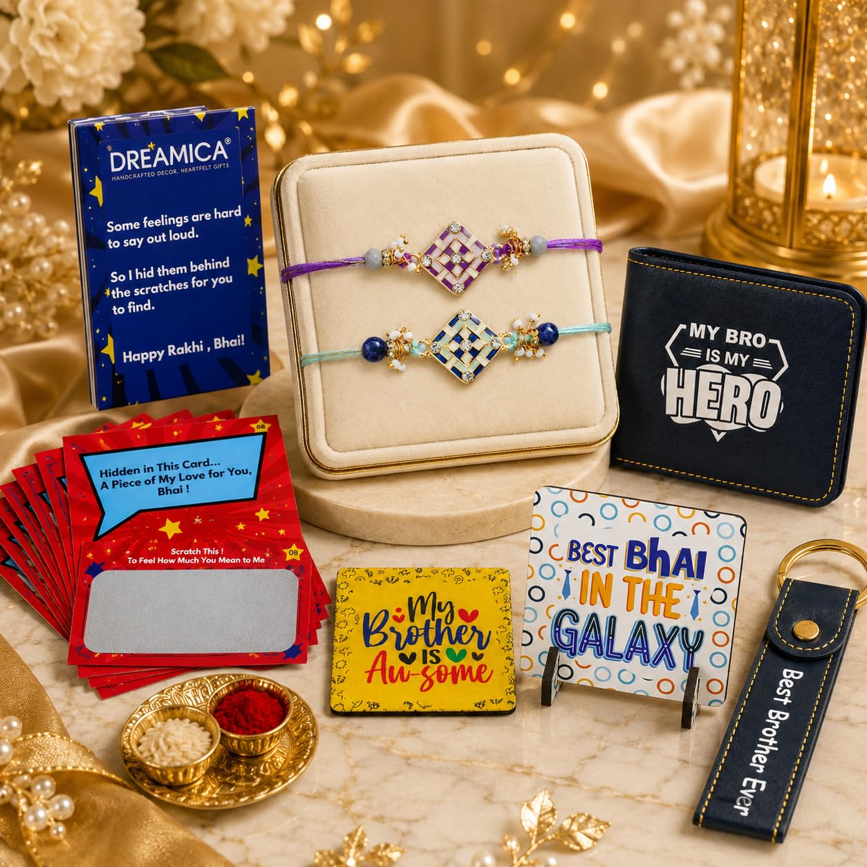 Dreamica Set of 2 Designer Rakhi for Brother | Combo with ‘My Brother Is Awesome’ Fridge Magnet, Tilak Set (Roli-Chawal), and Greeting Card | Best Rakhi Gift For Brother (Rakhi-92)