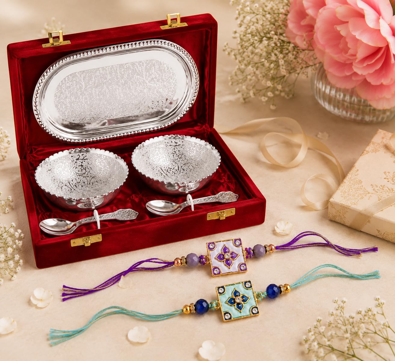 Jaipur Ace Rakhi Gift Hamper for Bhaiya Bhabhi with Silver Plated Bowl Set, Pooja Thali, 2 Designer Rakhis, Roli Chawal, Raksha Bandhan Gift Set for Brother Bhabhi, Premium Rakhi Combo with Red Velvet Box