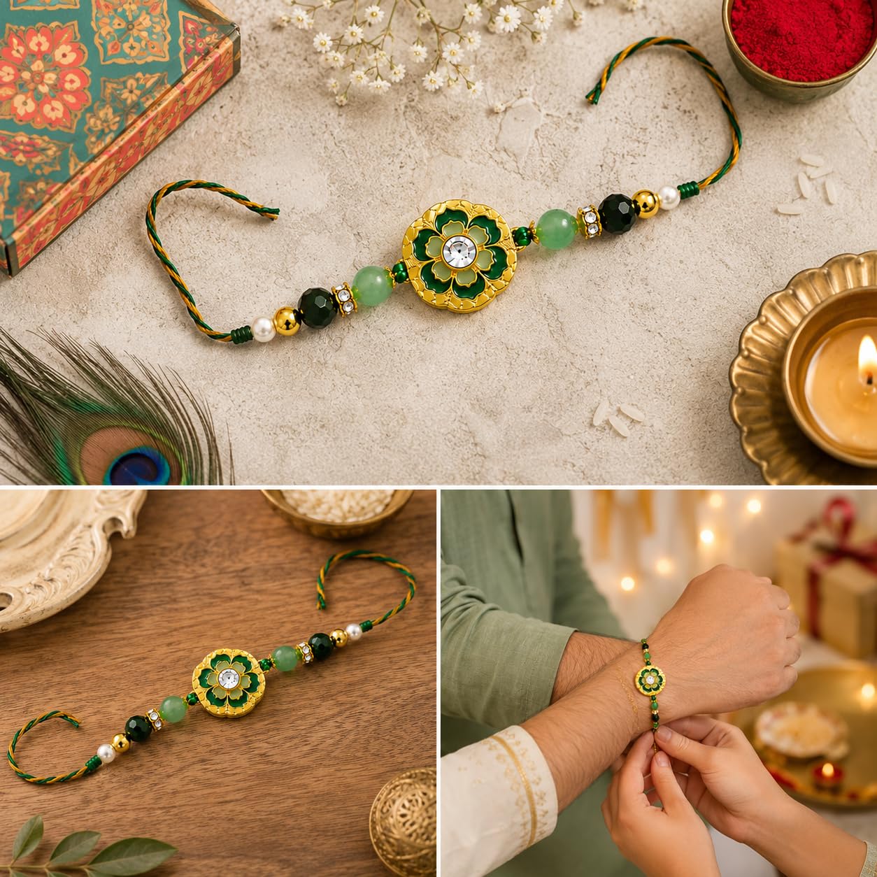 Jaipur Ace Rakhi Gift Hamper for Bhaiya Bhabhi with Silver Plated Bowl Set, Pooja Thali, 2 Designer Rakhis, Roli Chawal, Raksha Bandhan Gift Set for Brother Bhabhi, Premium Rakhi Combo with Red Velvet Box